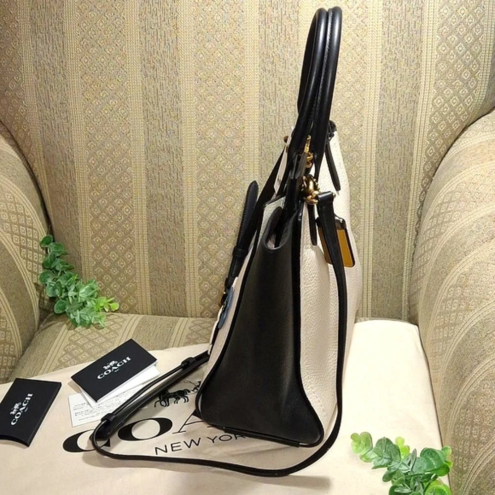 Coach Two-Tone Black and Cream Floral Appliqué Tote